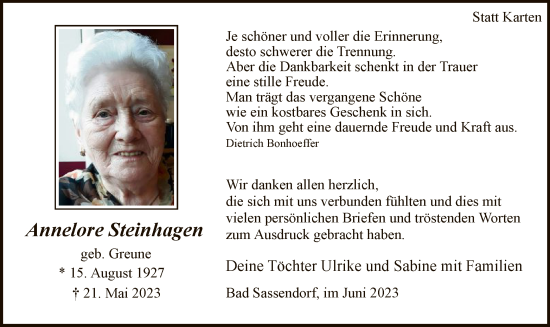 Todesanzeige von Annelore Steinhagen von WA