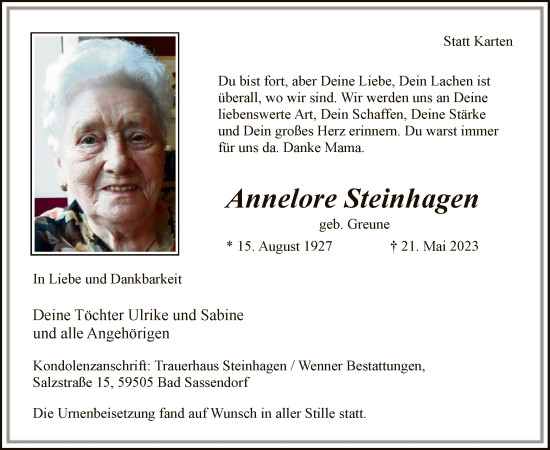 Todesanzeige von Annelore Steinhagen von WA