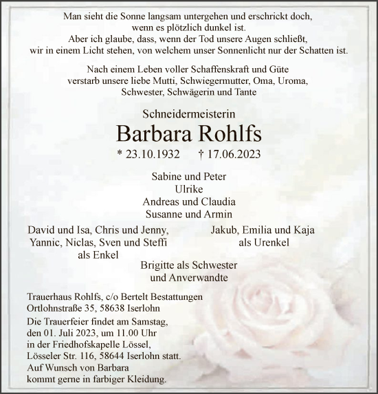 Todesanzeige von Barbara Rohlfs von WA