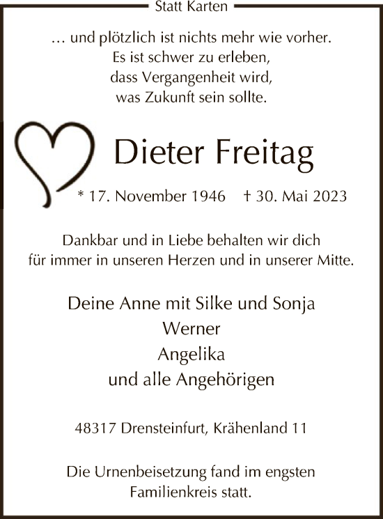 Todesanzeige von Dieter Freitag von WA