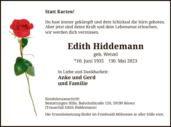 Todesanzeige von Edith Hiddemann von WA