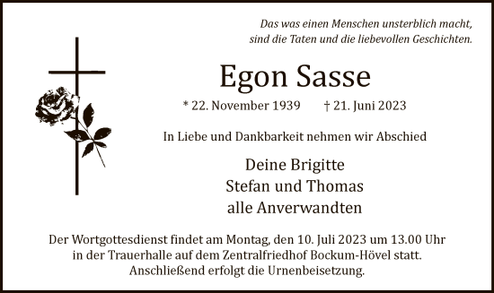 Todesanzeige von Egon Sasse von WA