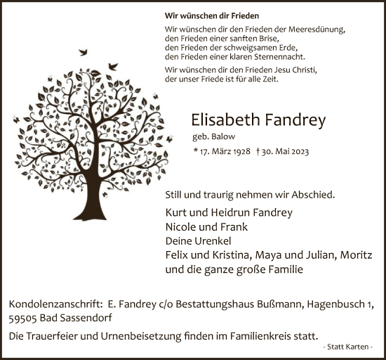 Todesanzeige von Elisabeth Fandrey von WA