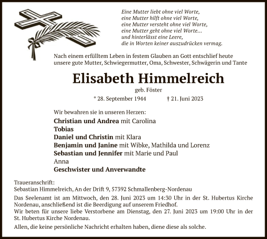 Todesanzeige von Elisabeth Himmelreich von WA