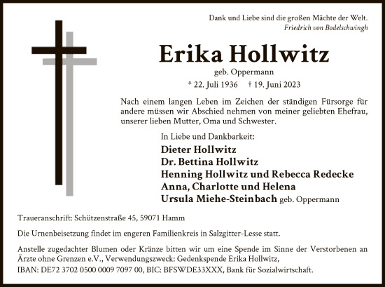 Todesanzeige von Erika Hollwitz von WA