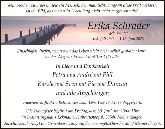 Todesanzeige von Erika Schrader von WA