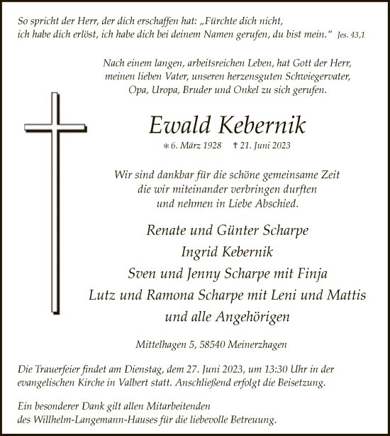 Todesanzeige von Ewald Kebernik von WA