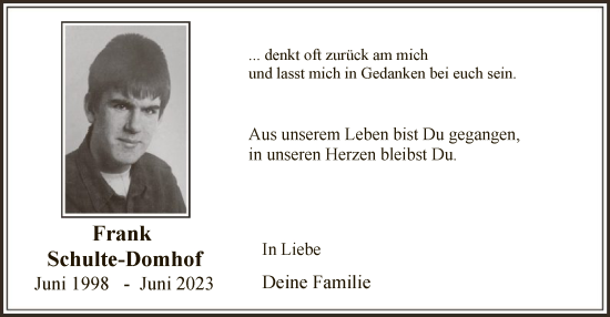Todesanzeige von Frank Schulte-Domhof von WA