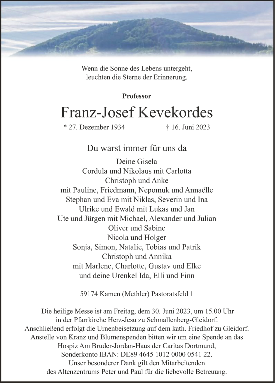 Todesanzeige von Franz-Josef Kevekordes von WA
