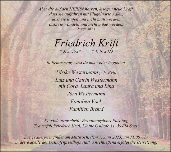 Todesanzeige von Friedrich Krift von WA