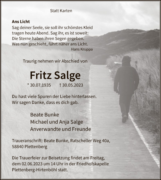 Todesanzeige von Fritz Salge von WA