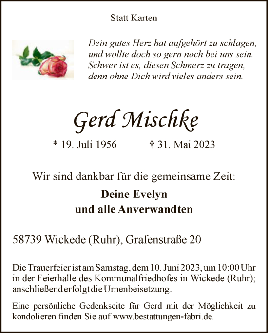 Todesanzeige von Gerd Mischke von WA