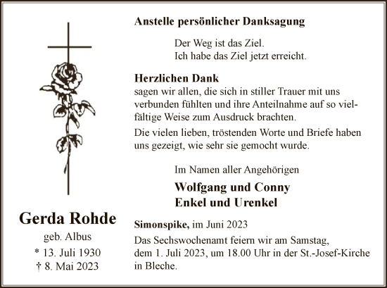 Todesanzeige von Gerda Rohde von WA