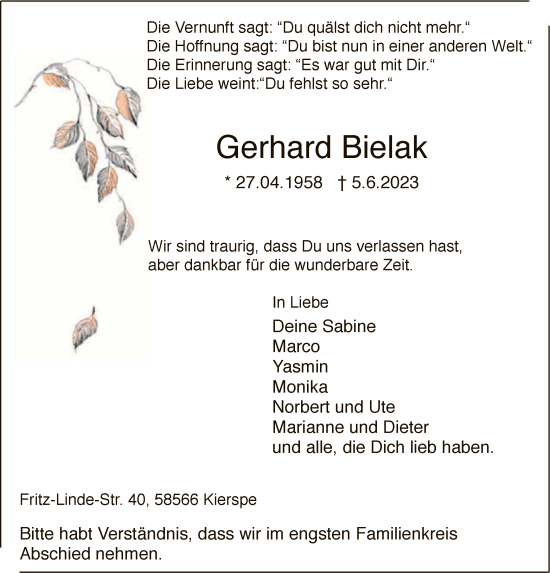 Todesanzeige von Gerhard Bielak von WA