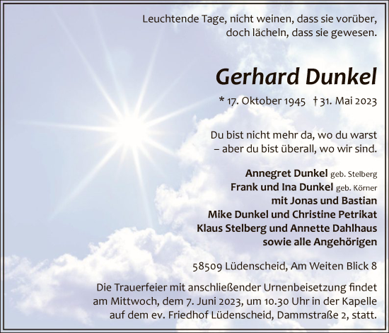 Todesanzeige von Gerhard Dunkel von WA