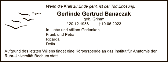 Todesanzeige von Gerlinde Gertrud Banaczak von WA