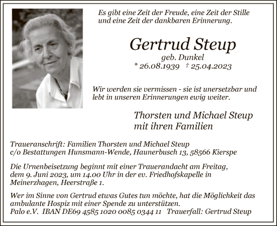 Todesanzeige von Gertrud Steup von WA
