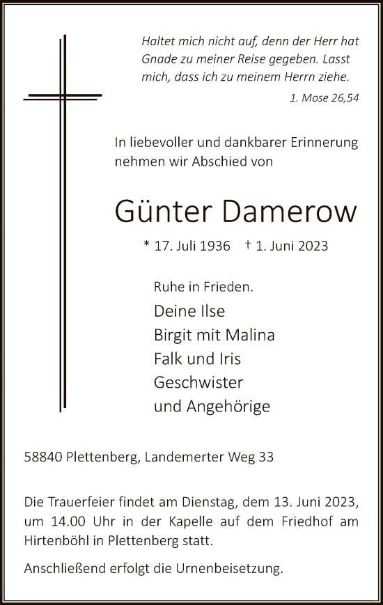 Todesanzeige von Günter Damerow von WA