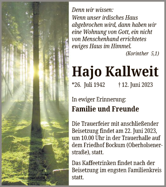 Todesanzeige von Hajo Kallweit von WA