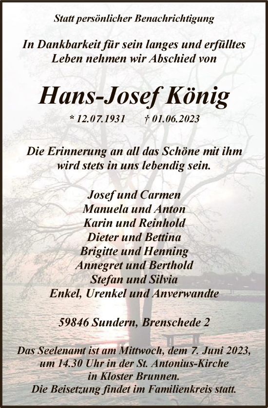 Todesanzeige von Hans-Josef König von WA