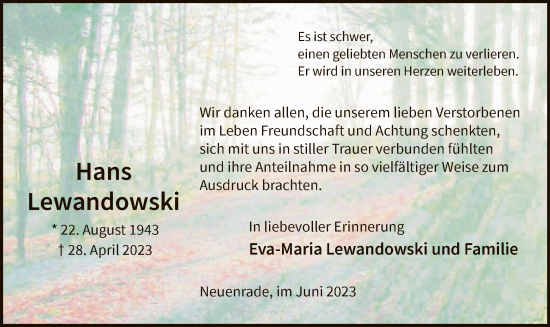 Todesanzeige von Hans Lewandowski von WA