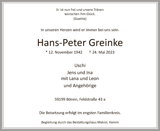 Todesanzeige von Hans-Peter Greinke von WA