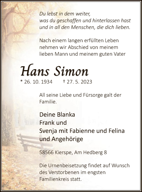 Todesanzeige von Hans Simon von WA
