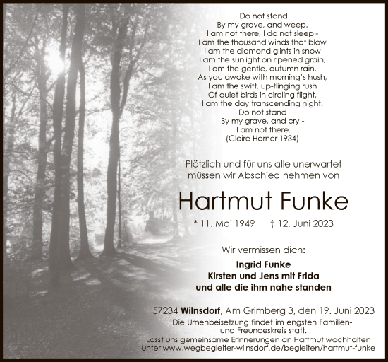 Todesanzeige von Hartmut Funke von WA