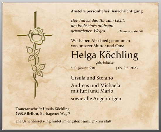Todesanzeige von Helga Köchling von WA