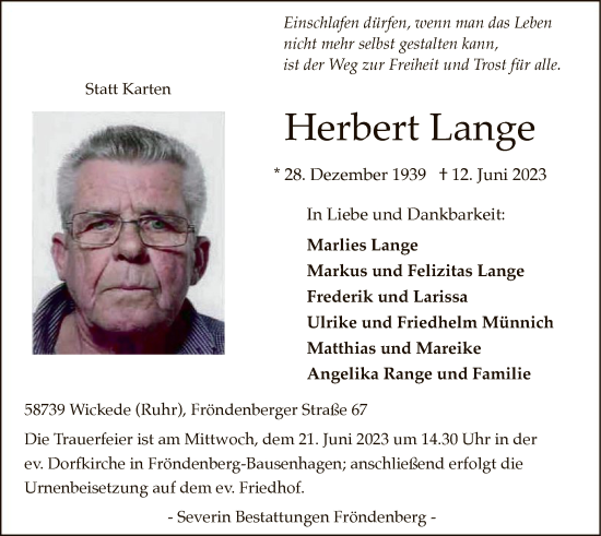 Todesanzeige von Herbert Lange von WA
