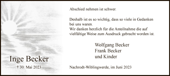 Todesanzeige von Inge Becker von WA