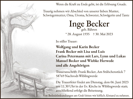 Todesanzeige von Inge Becker von WA