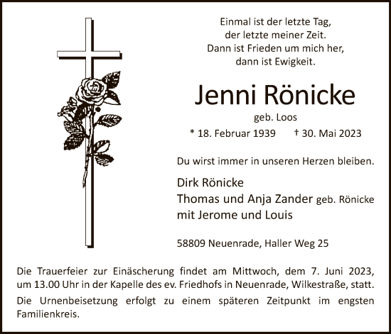 Todesanzeige von Jenni Rönicke von WA