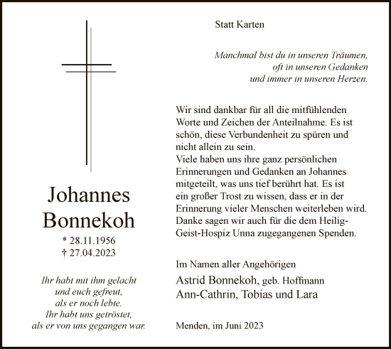 Todesanzeige von Johannes Bonnekoh von WA