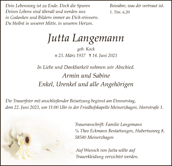 Todesanzeige von Jutta Langemann von WA