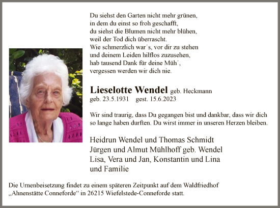 Todesanzeige von Lieselotte Wendel von WA