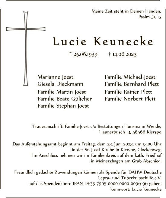 Todesanzeige von Lucie Keunecke von WA