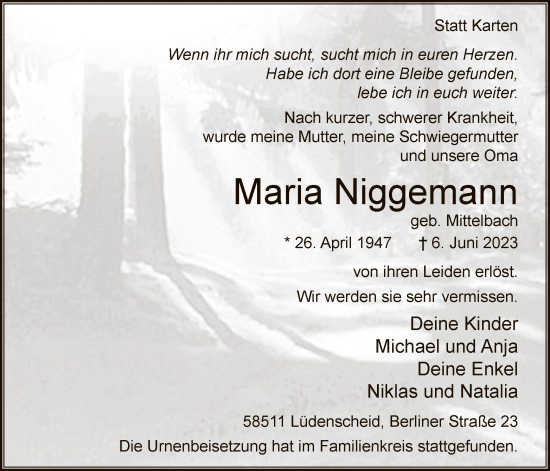 Todesanzeige von Maria Niggemann von WA