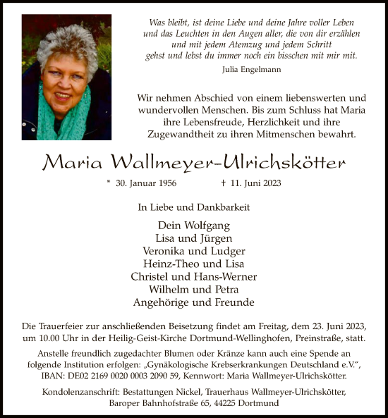 Todesanzeige von Maria Wallmeyer-Ulrichskötter von WA