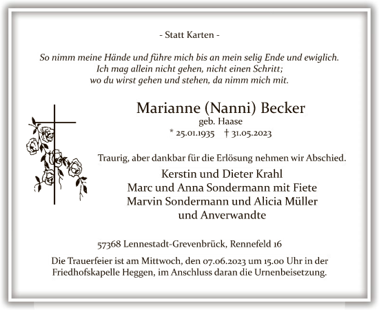 Todesanzeige von Marianne Becker von WA