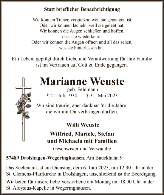 Todesanzeige von Marianne Weuste von WA