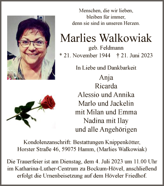 Todesanzeige von Marlies Walkowiak von WA