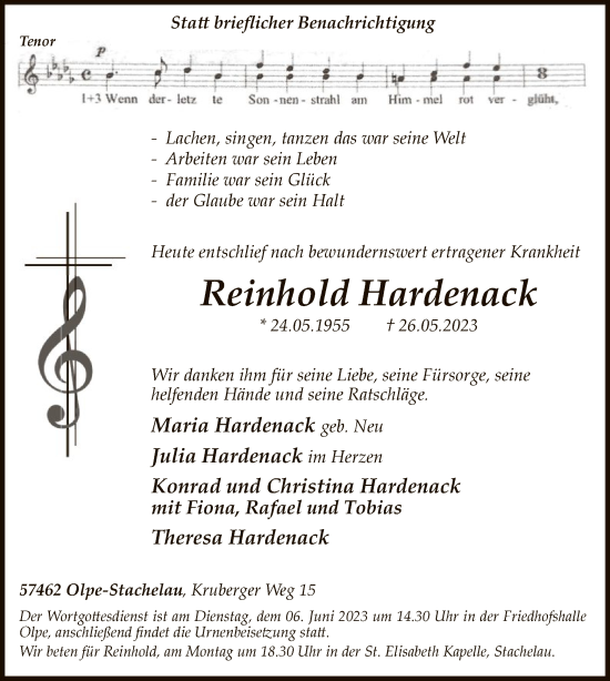 Todesanzeige von Reinhold Hardenack von WA