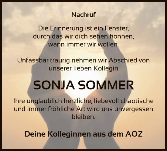 Todesanzeige von Sonja Sommer von WA
