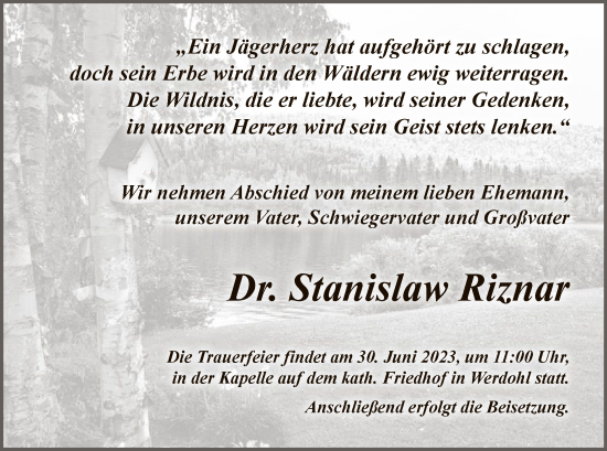 Todesanzeige von Stanislaw Riznar von WA