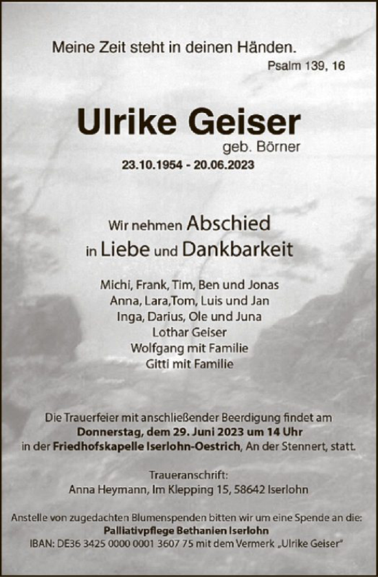 Todesanzeige von Ulrike Geiser von WA