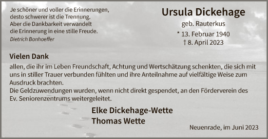 Todesanzeige von Ursula Dickehage von WA