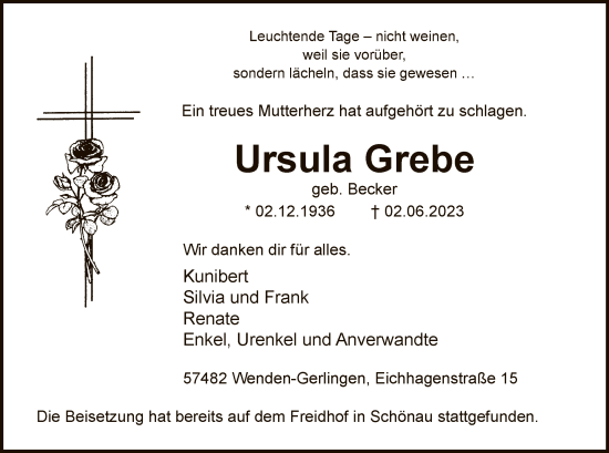 Todesanzeige von Ursula Grebe von WA