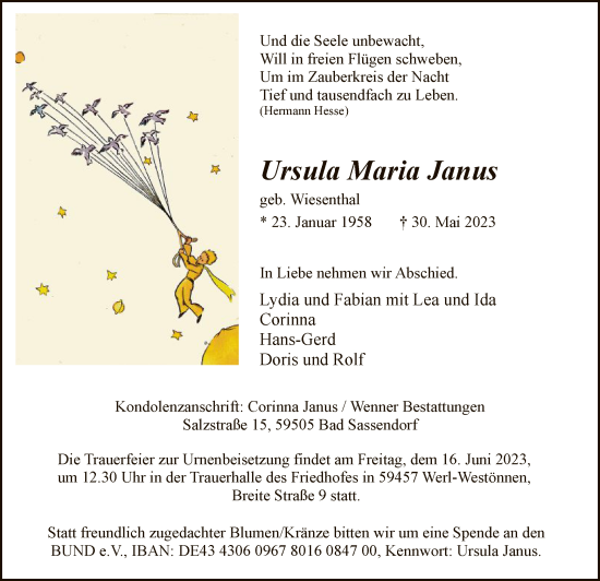 Todesanzeige von Ursula Maria Janus von WA