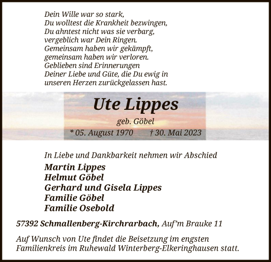 Todesanzeige von Ute Lippes von WA